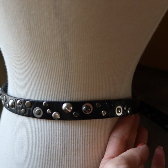 Linea Pelle belt black leather and silver buckle, studs, grommets size S Y2K main image 6